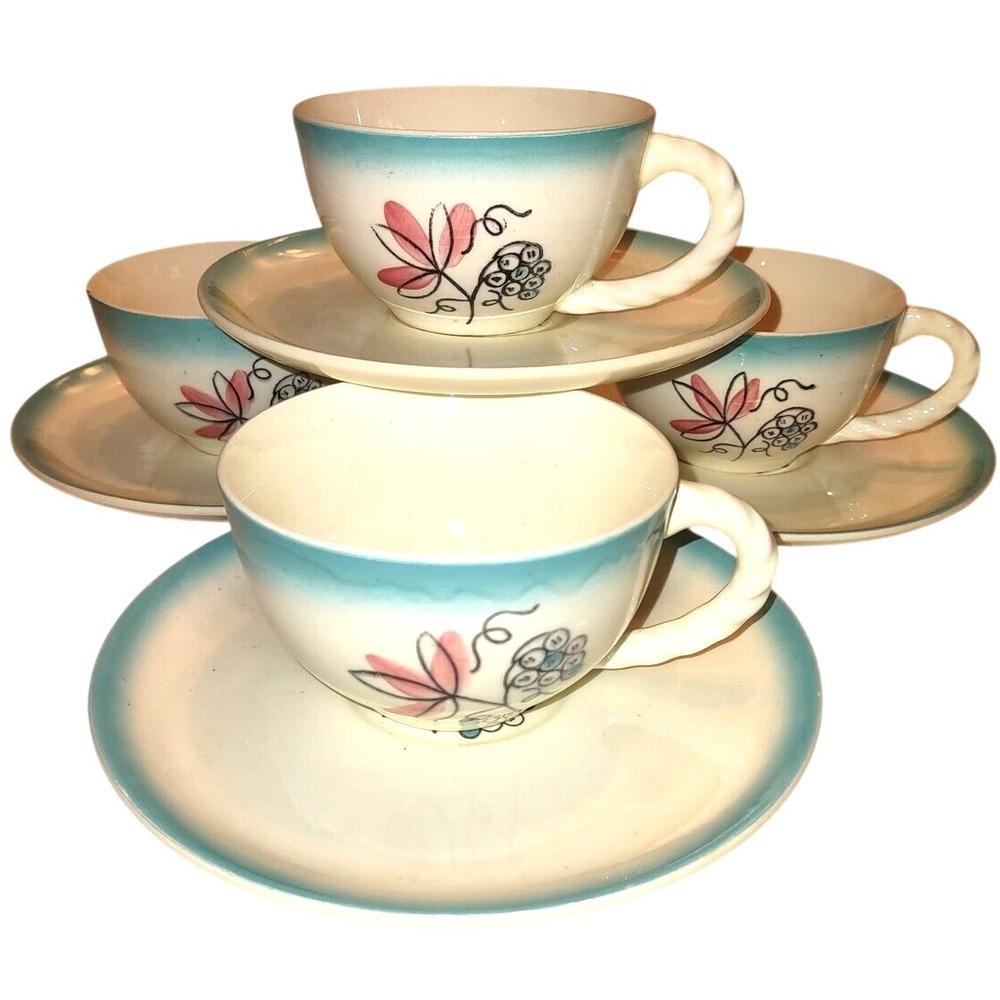Vintage Southern Pottery Tea Cups & Saucers Rare Chantilly Set of 4 Floral Cups